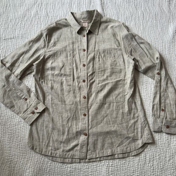 Duluth Trading Organic Cotton & Hemp Green Button Up Blouse Size L Pockets Zip L - Picture 1 of 7